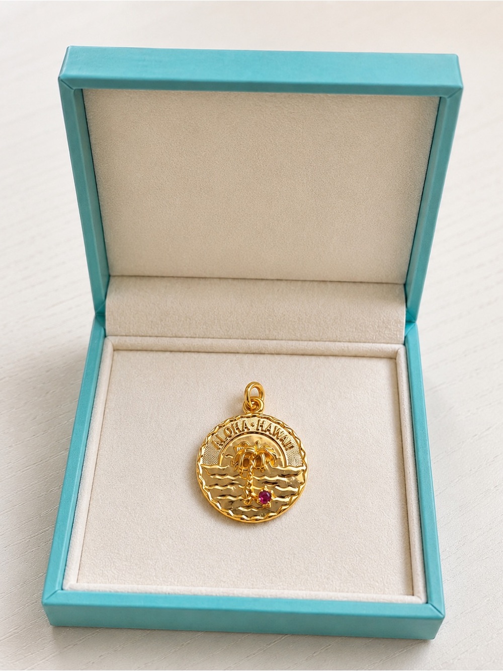 14k Vintage Gold Hawaiian Palm Tree Charm Pendant with Red ruby Accent